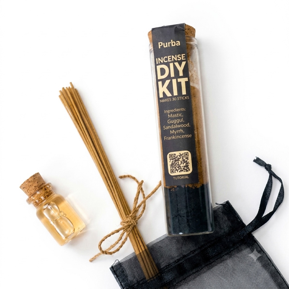 Purba DIY incense kit with oil vial, incense sticks, and pouch
