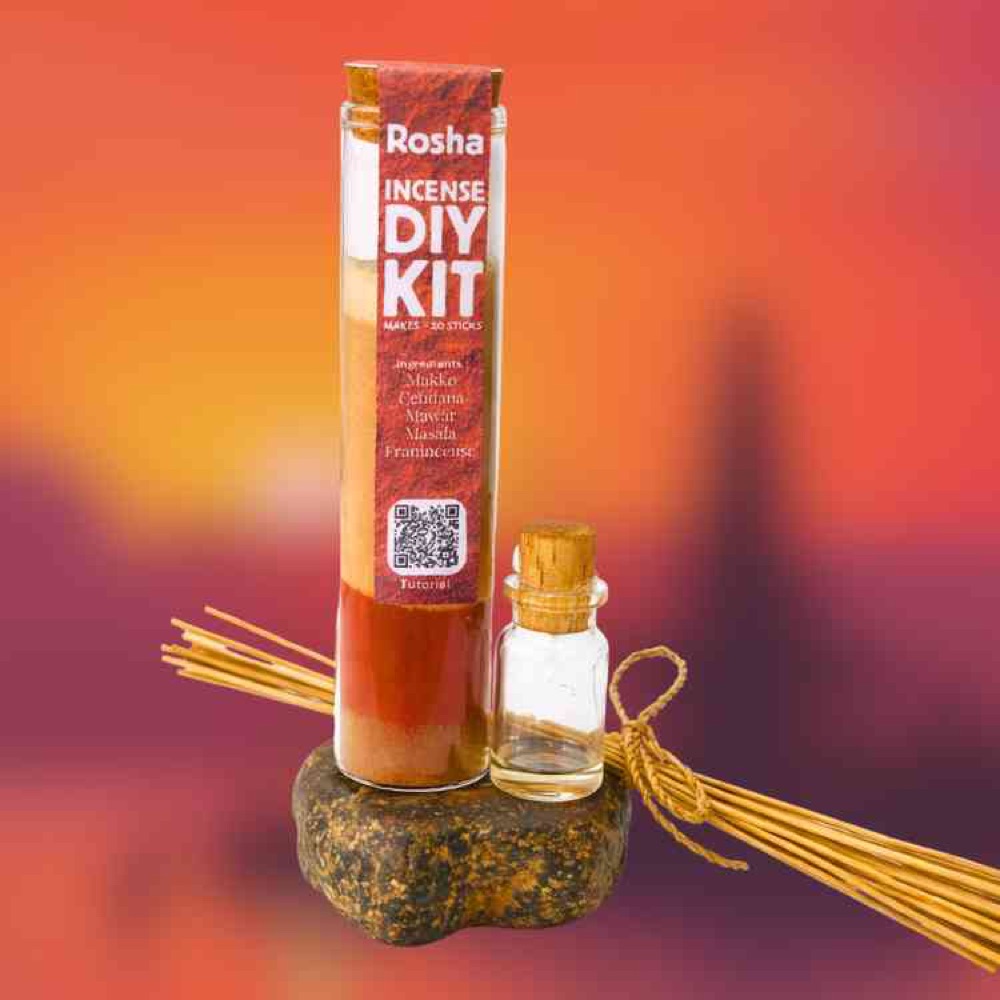 Rosha DIY incense kit with incense sticks and oil vial