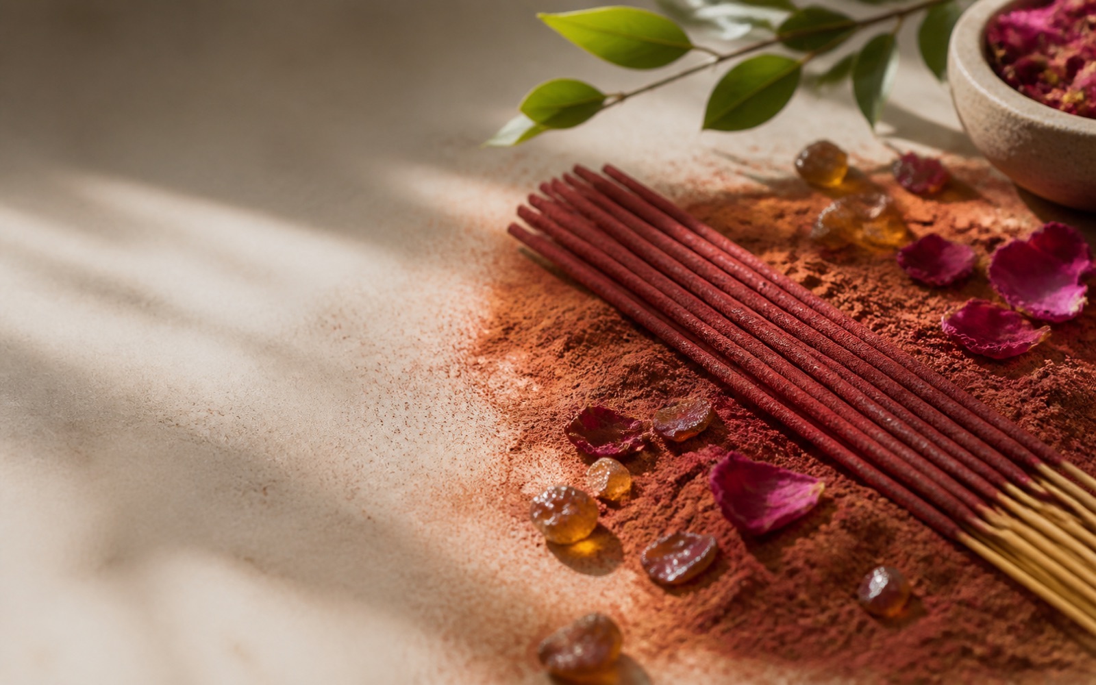 Red incense sticks resting on red sandalwood powder