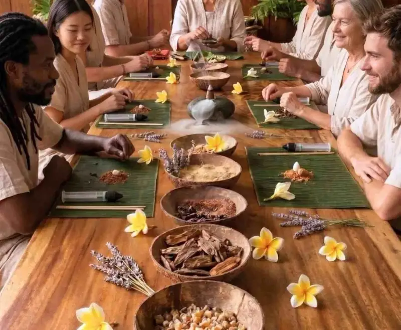 Private Sacred Smoke workshop table with raw botanicals